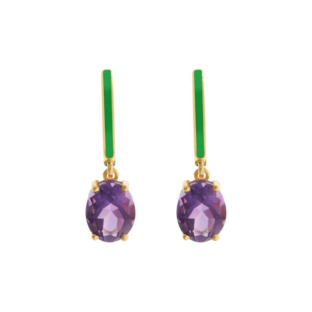 Green Enamel & Amethyst Hoops - Eye M Neon Rocks - Ileana Makri