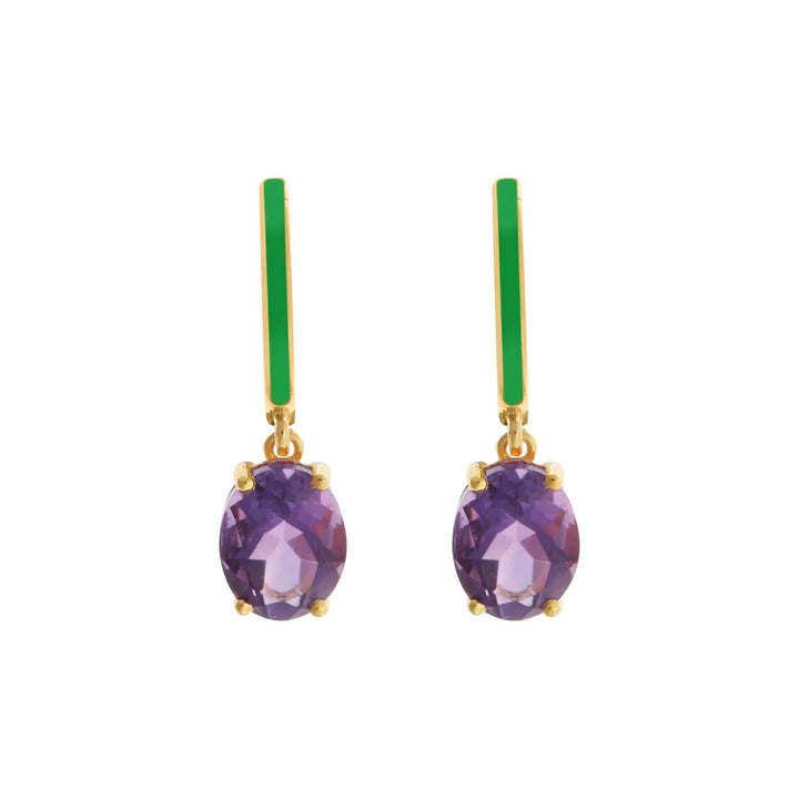 Green Enamel & Amethyst Hoops - Eye M Neon Rocks - Ileana Makri