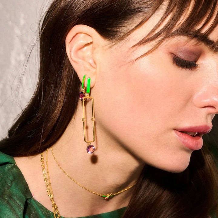Green Enamel & Amethyst Hoops - Eye M Neon Rocks - Ileana Makri