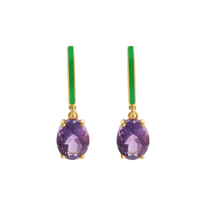 Green Enamel & Amethyst Hoops - Eye M Neon Rocks - Ileana Makri store