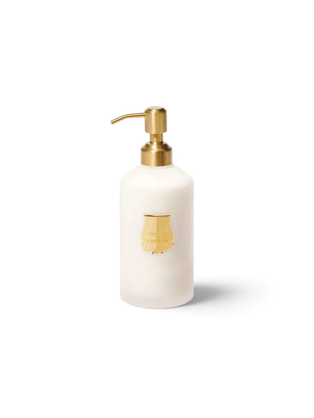 Ileana Makri Carmen scented hand lotion in a 350ml white ribbed glass bottle with a gold pump dispenser