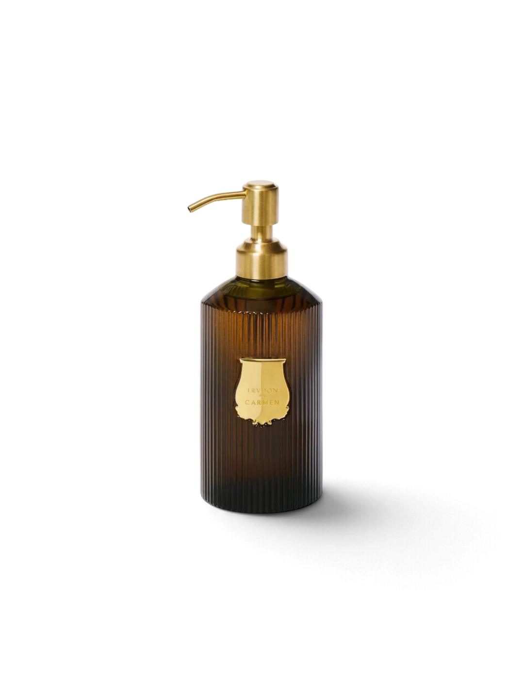 Ileana Makri Carmen scented hand soap in a 350ml ribbed brown glass bottle with a gold pump and decorative emblem.