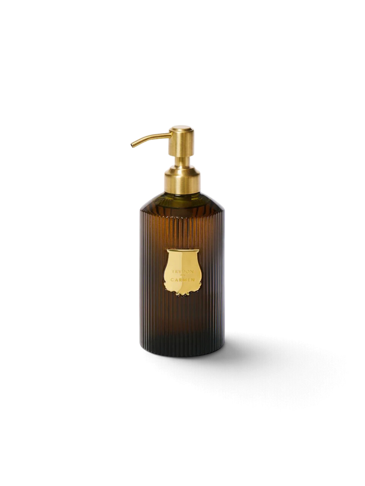 Ileana Makri Carmen scented hand soap in a 350ml ribbed brown glass bottle with a gold pump and decorative emblem.