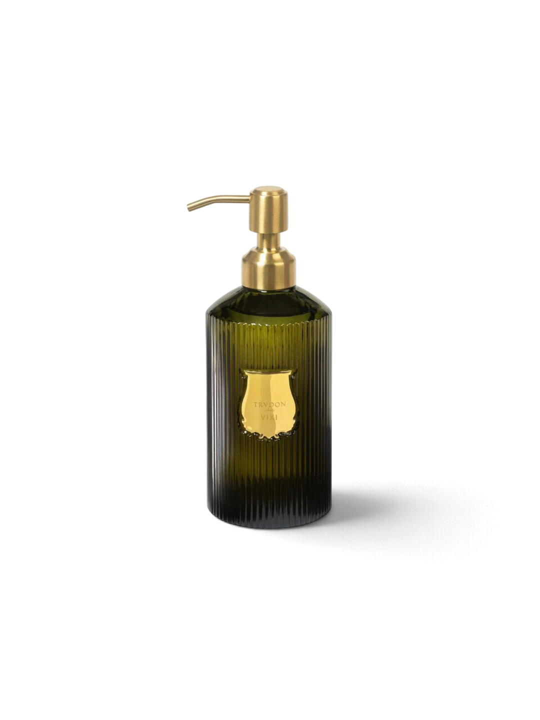 Ileana Makri Trudon Vixi scented hand soap in a ribbed dark green glass bottle with a gold pump dispenser.