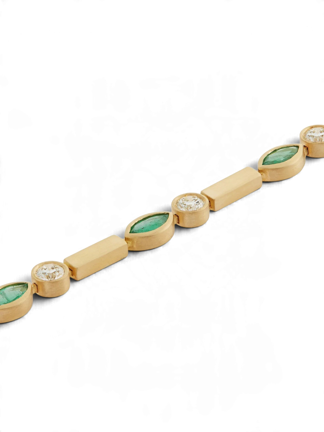 Ileana Makri Emerald Navette Stream Bracelet in satin-finished 18k yellow gold with emeralds and round diamonds.