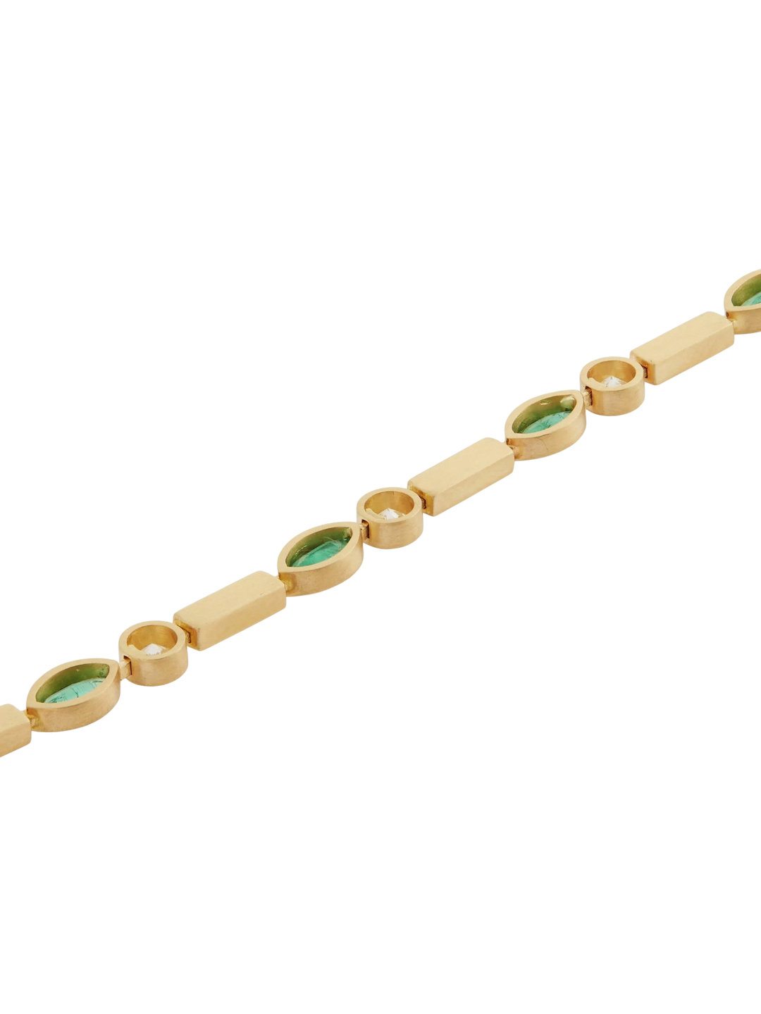 Ileana Makri bracelet in 18k satin yellow gold with navette emeralds and round diamonds in a link design.