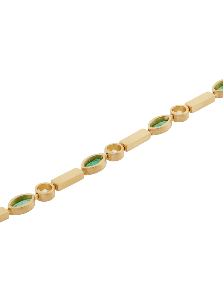 Ileana Makri bracelet in 18k satin yellow gold with navette emeralds and round diamonds in a link design.