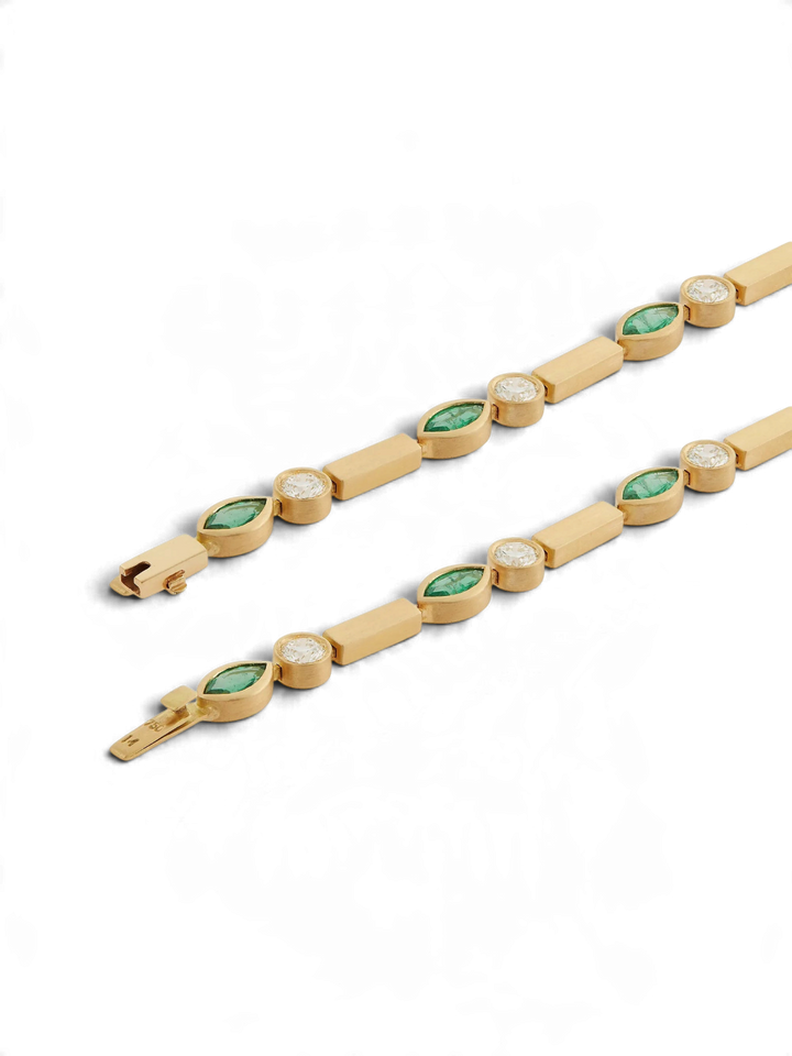 Ileana Makri Emerald Navette Stream Bracelet in satin-finished 18k yellow gold with round diamonds
