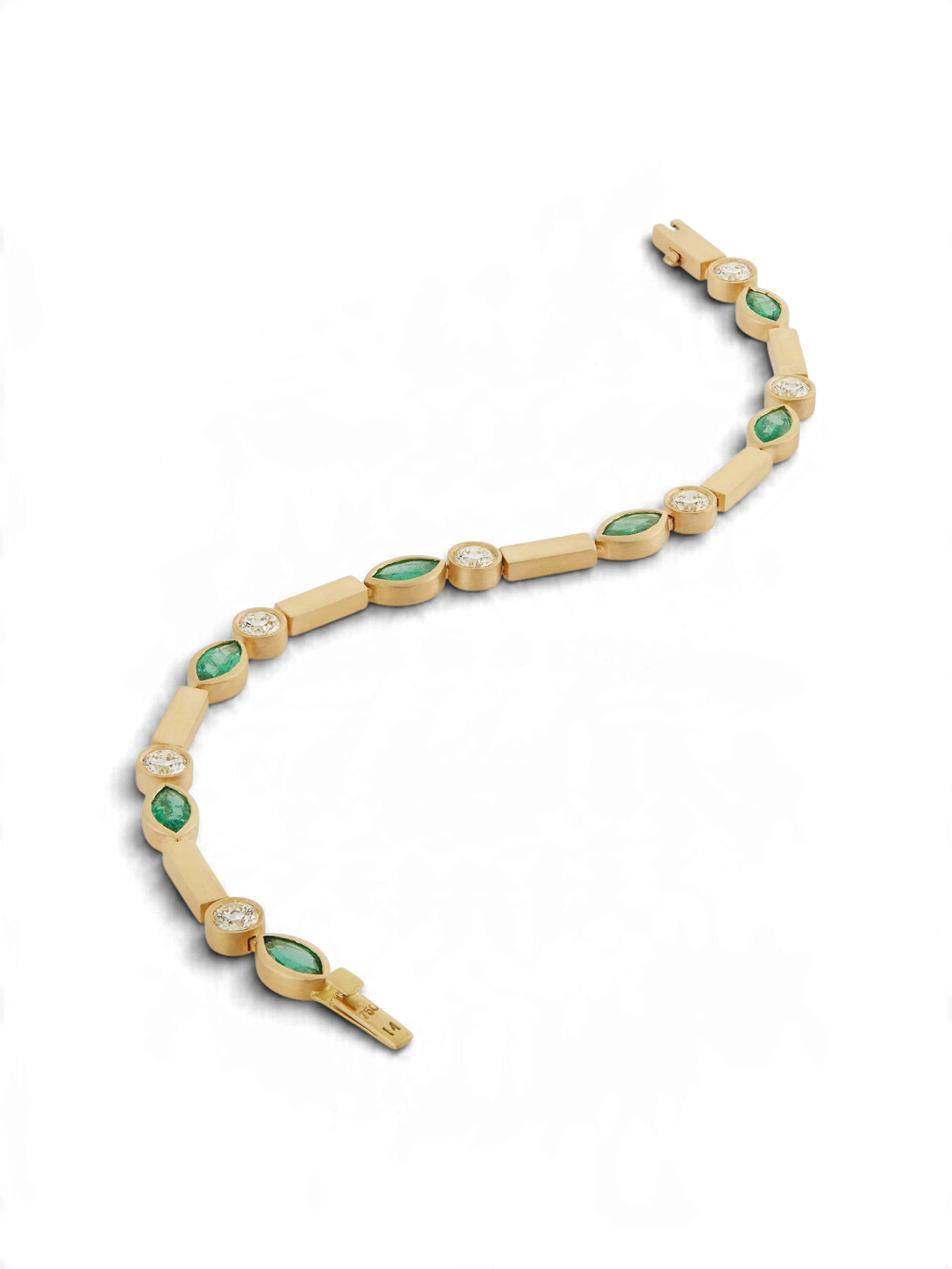 Ileana Makri satin-finished 18k yellow gold bracelet with navette-cut emeralds and round white diamonds.