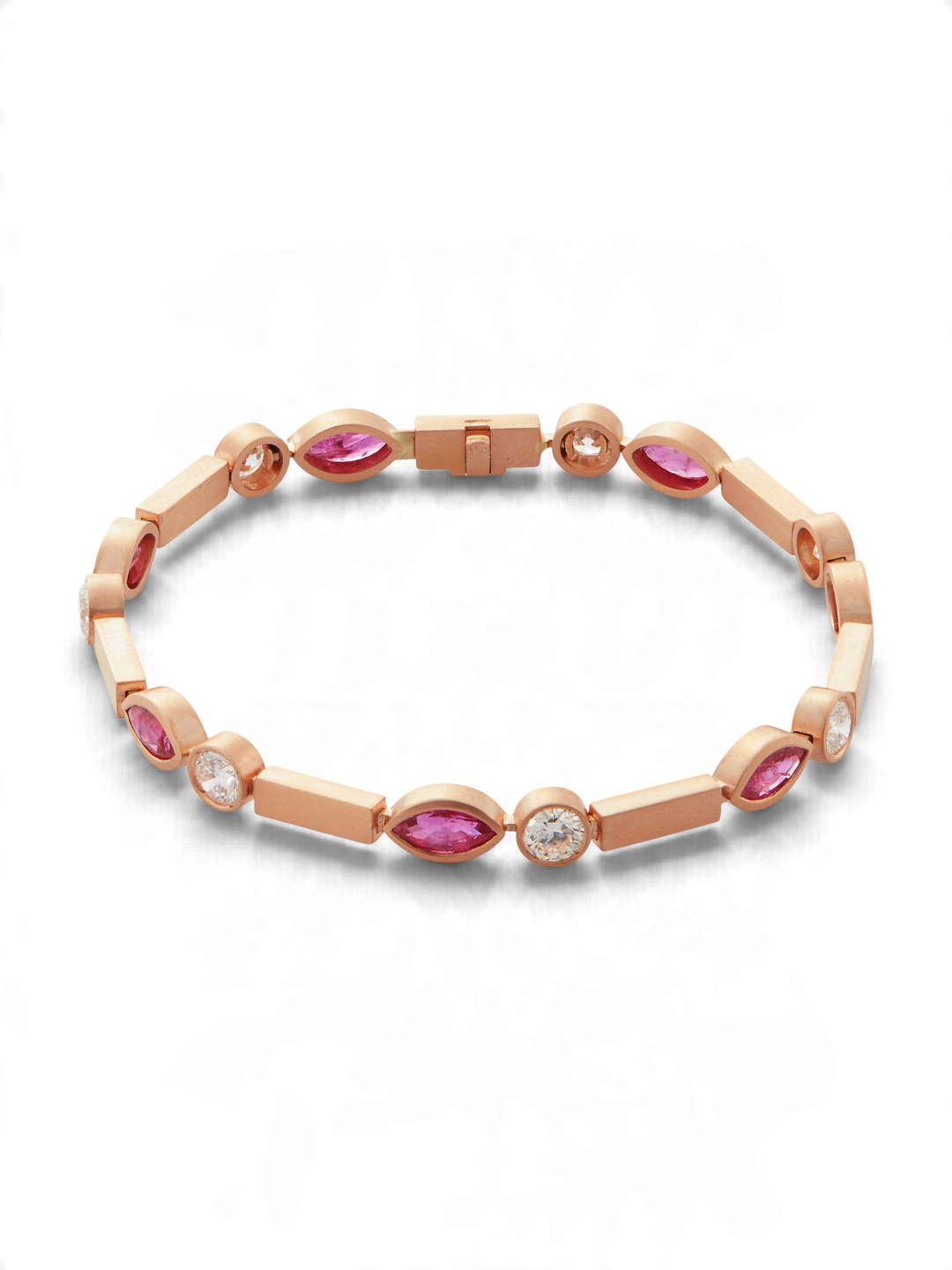 Ileana Makri Ruby Navette Stream Bracelet in 18k rose gold with marquise rubies and round white diamonds.