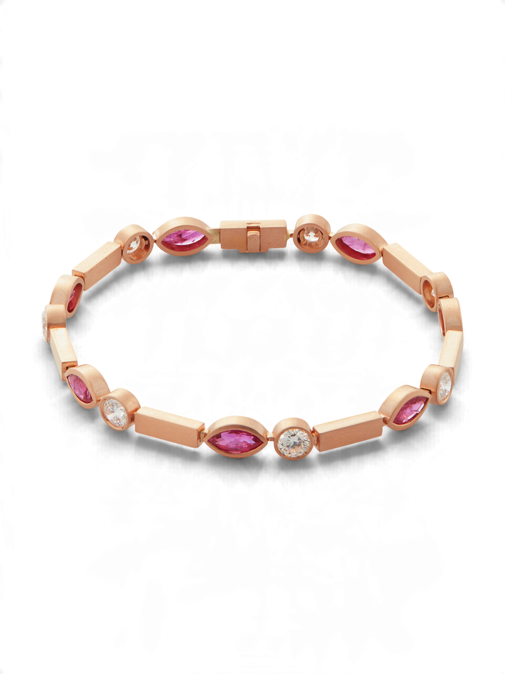 Ileana Makri Ruby Navette Stream Bracelet in 18k rose gold with marquise rubies and round white diamonds.
