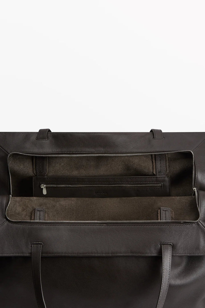 Ileana Makri Yumi Tote in dark brown cacao calfskin leather featuring a two-way zip closure and interior zip pocket.