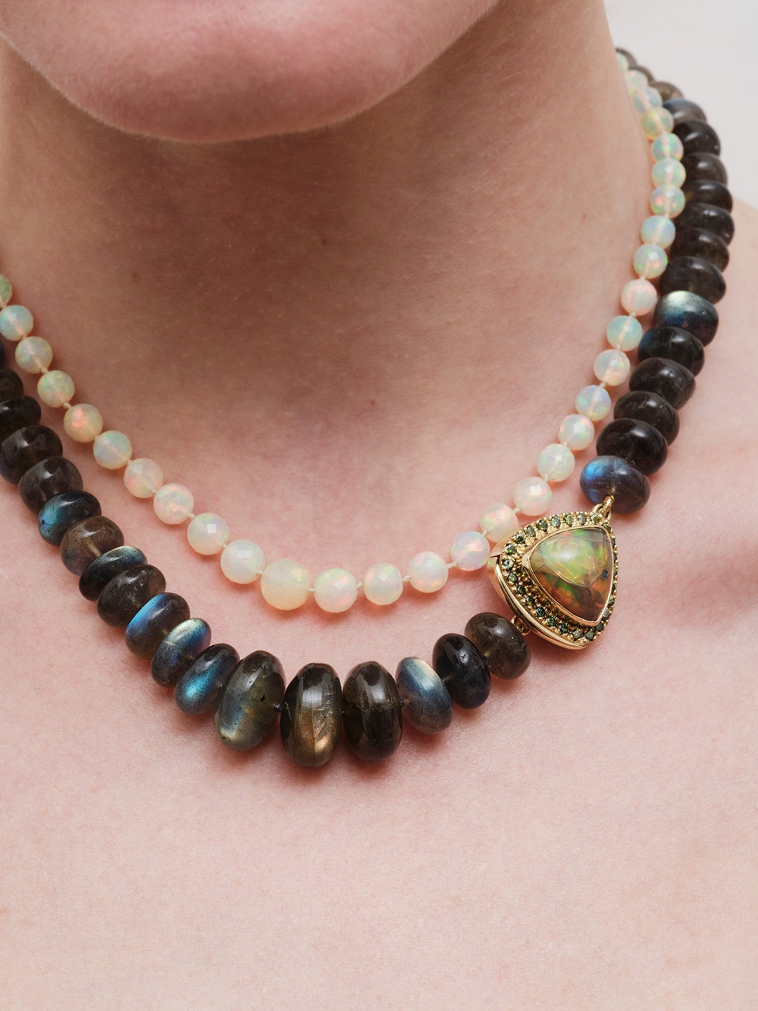 Ileana Makri Aurora necklace featuring labradorite beads, opal cabochon, and tsavorites set in 18k yellow gold.