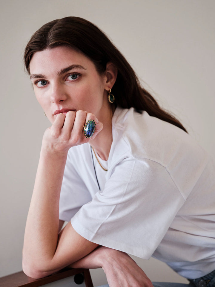 Ileana Makri Oracle one-of-a-kind 18k yellow gold ring with oval opal and cabochon emeralds