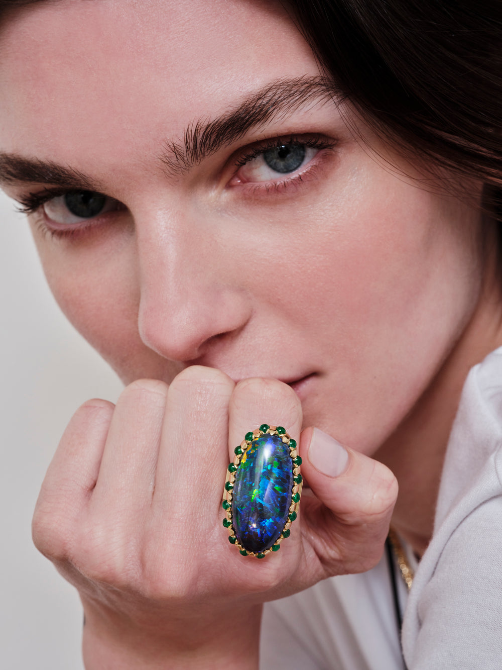 Ileana Makri Oracle one-of-a-kind 18k yellow gold ring with oval opal and cabochon emeralds