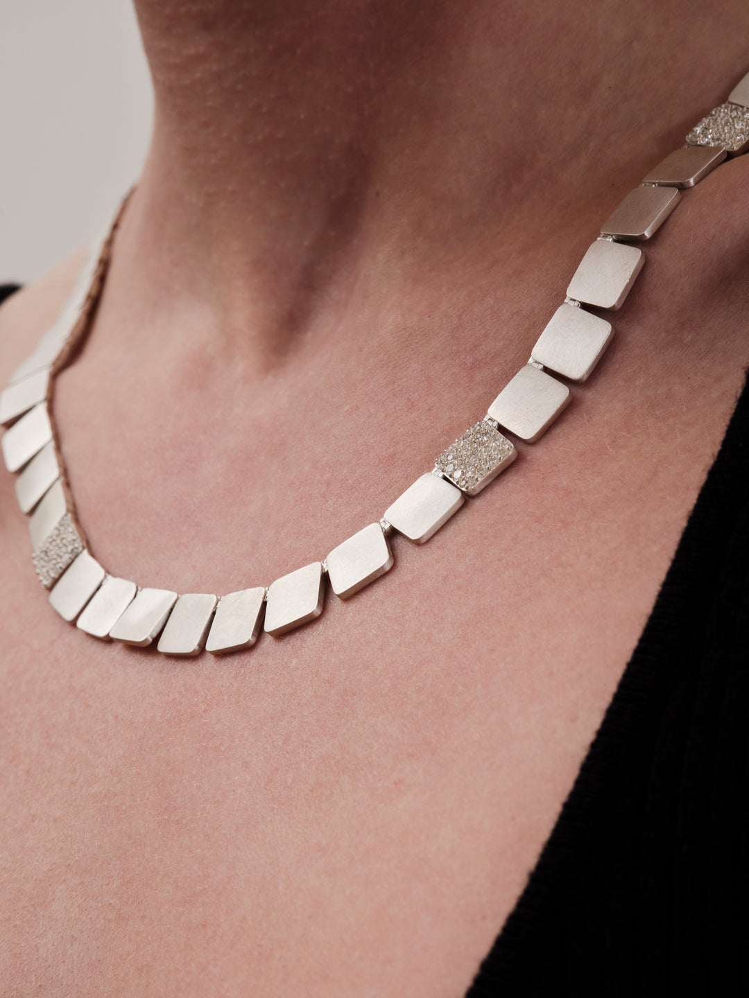 Sterling Silver Large Tile Necklace with Diamonds (48cm)