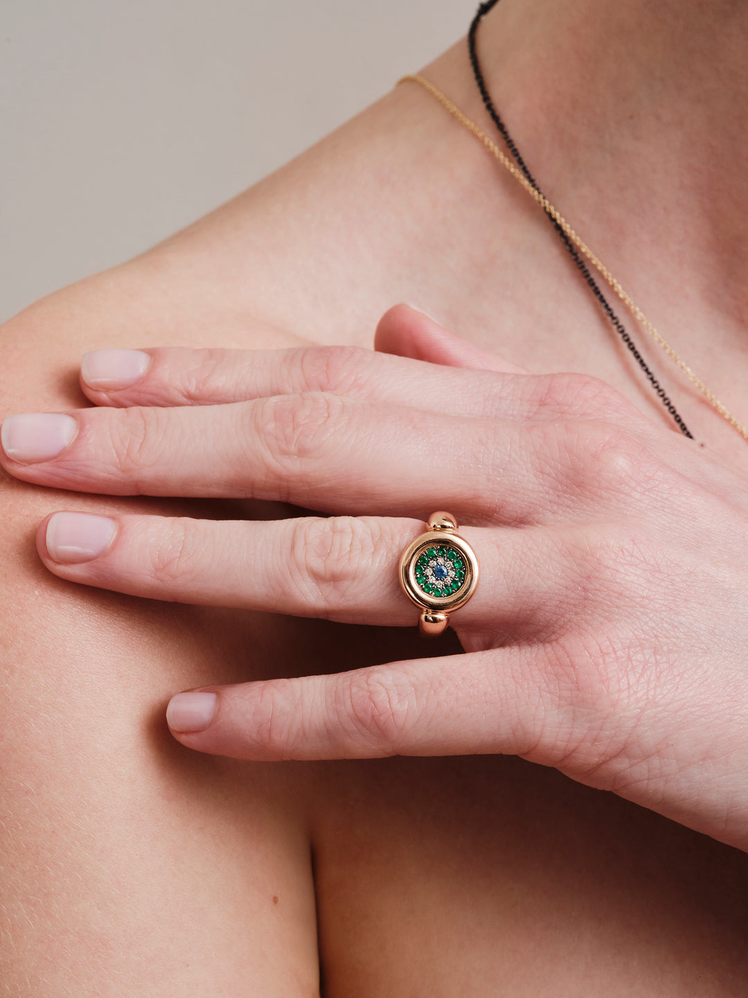 Round Eye Ring — Champagne Diamonds, Emeralds & Sapphire
