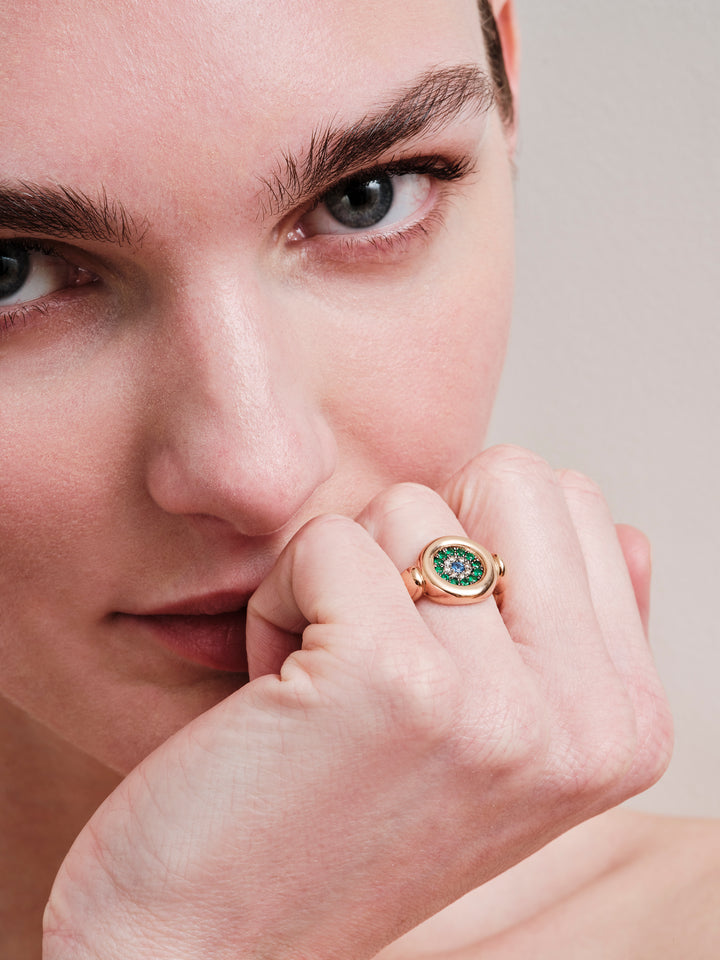 Round Eye Ring — Champagne Diamonds, Emeralds & Sapphire