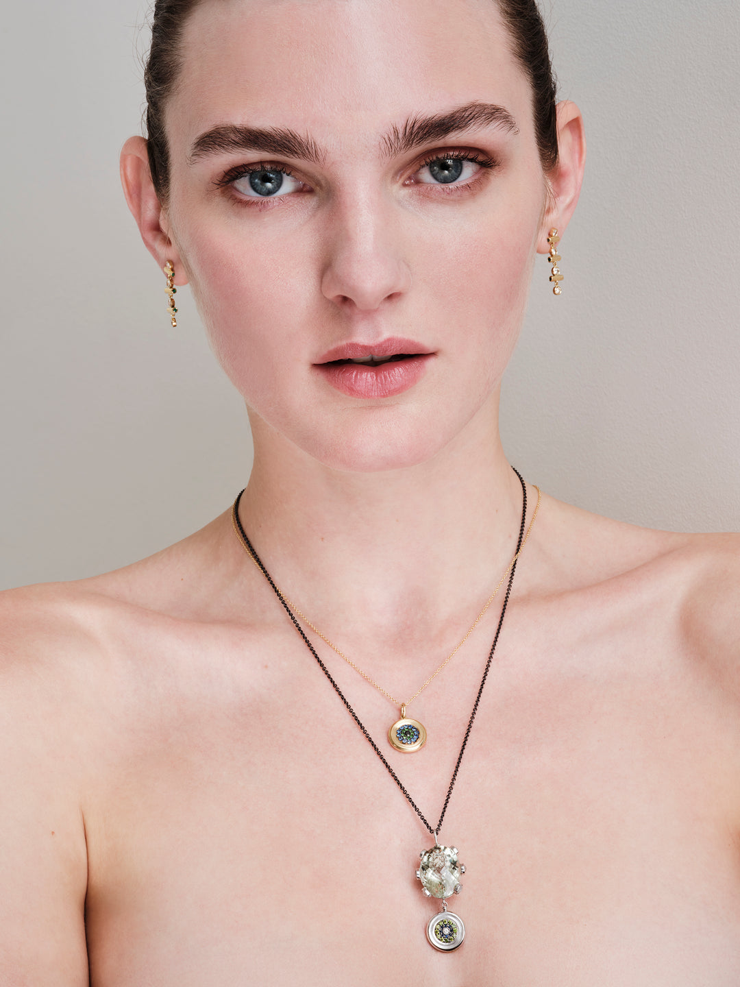 Double Eye Amethyst Pendant with Green Diamonds & Sapphires
