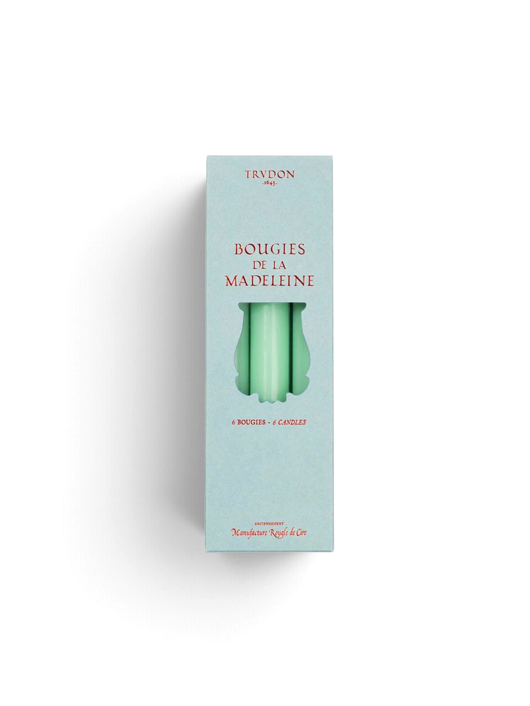 Ileana Makri box of six watery green Madeleine tapered candles in light blue packaging