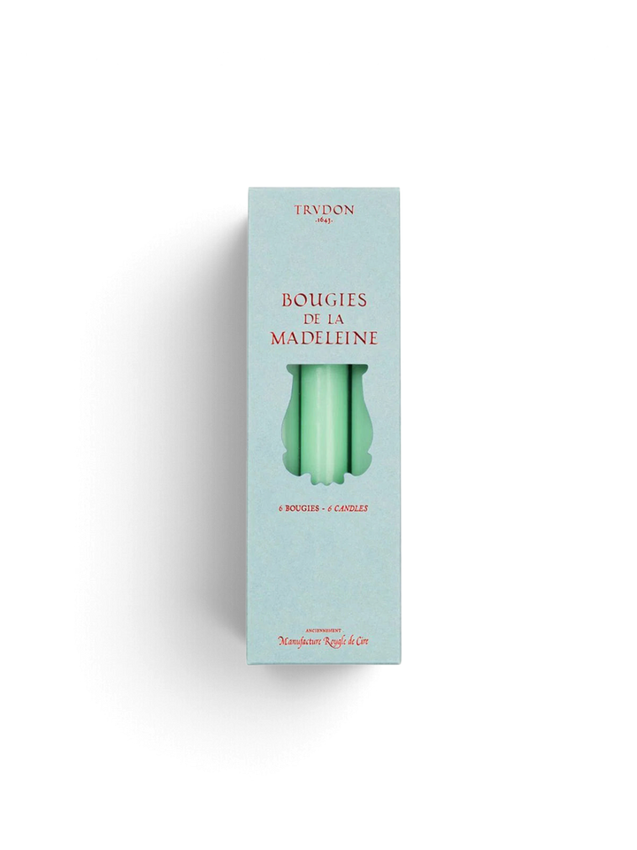 Ileana Makri box of six watery green Madeleine tapered candles in light blue packaging