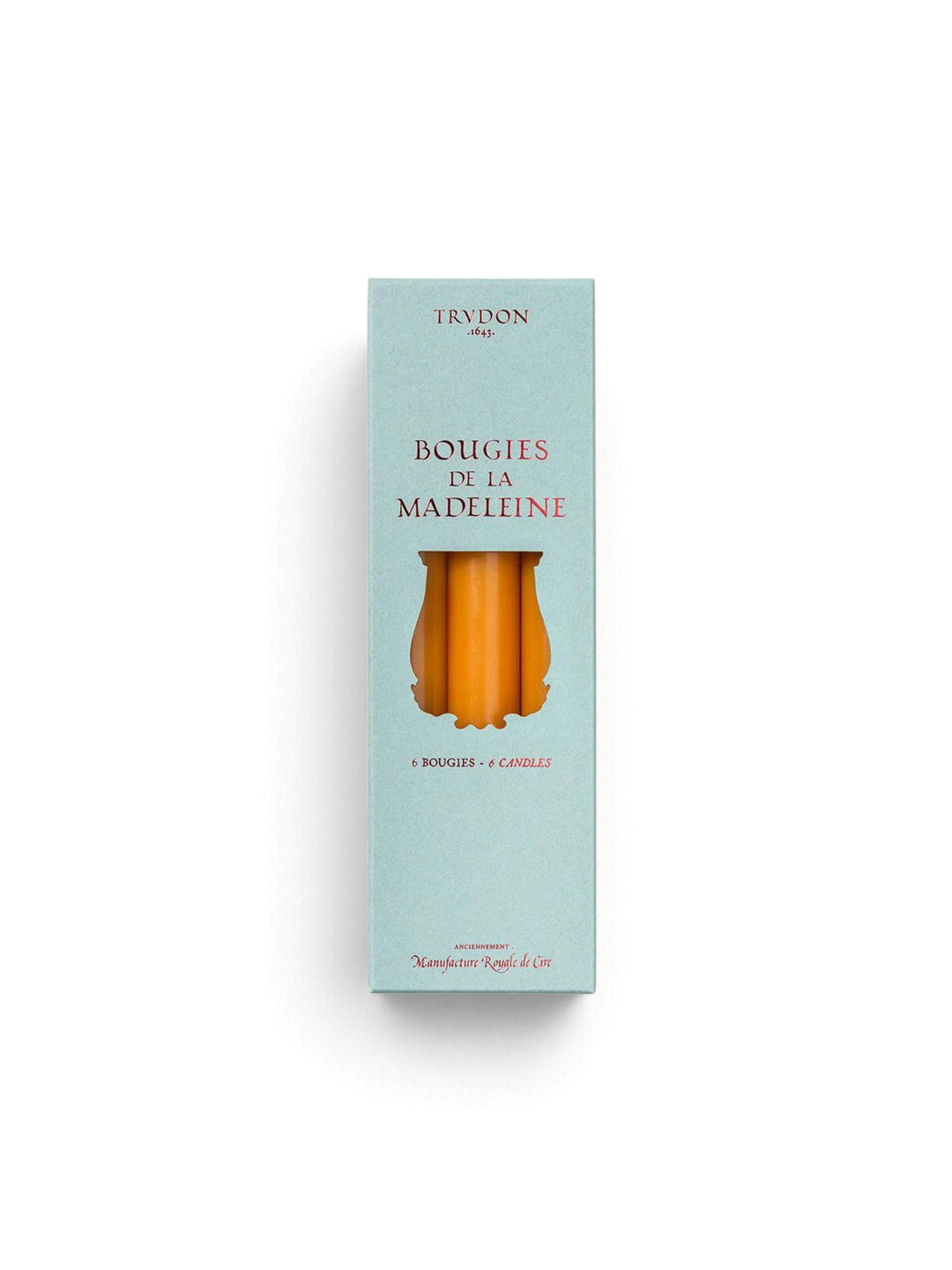 Ileana Makri box of six orange Mimosa Madeleine tapered candles in light blue packaging