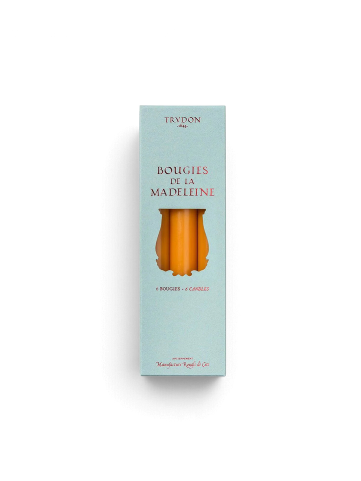 Ileana Makri box of six orange Mimosa Madeleine tapered candles in light blue packaging