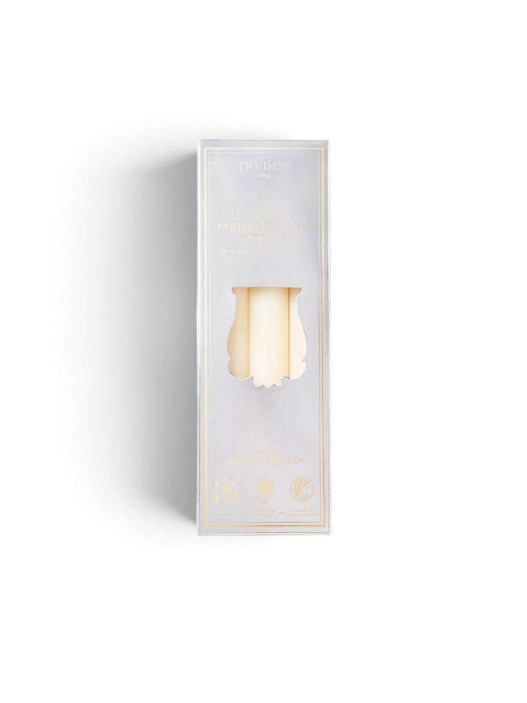Ileana Makri box of six tapered Madeleine candles with a fir scent, presented in elegant silver packaging.