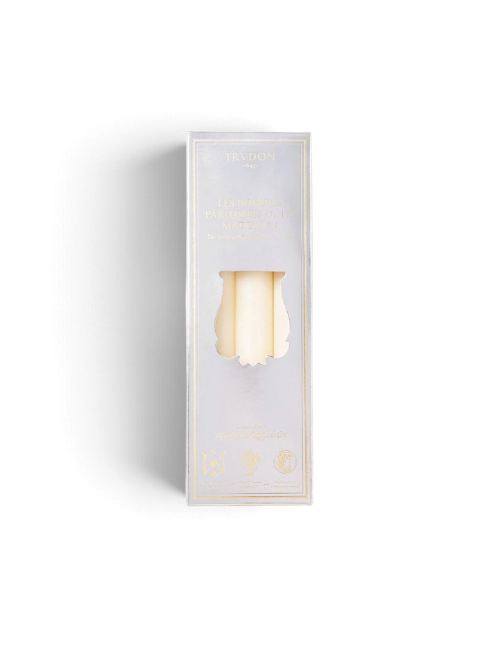 Ileana Makri box of six tapered Madeleine candles with a fir scent, presented in elegant silver packaging.
