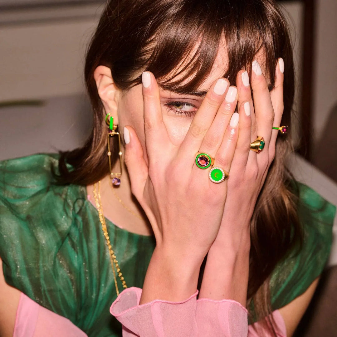 Moon Enamel Chevalier Ring Green Pink - Eye M Neon Rocks - Ileana Makri store