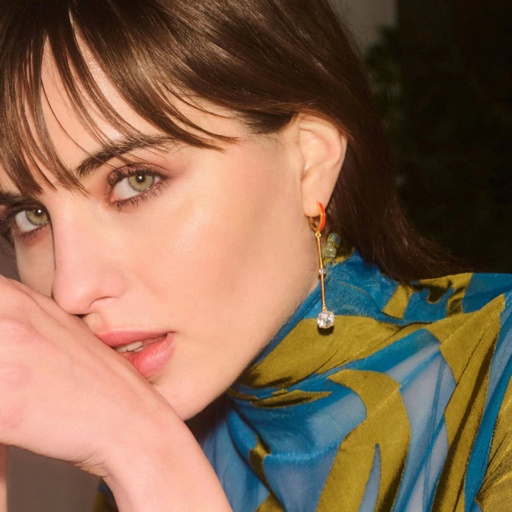 Orange Enamel White Topaz Long Hoops - Eye M Neon Rocks - Ileana Makri