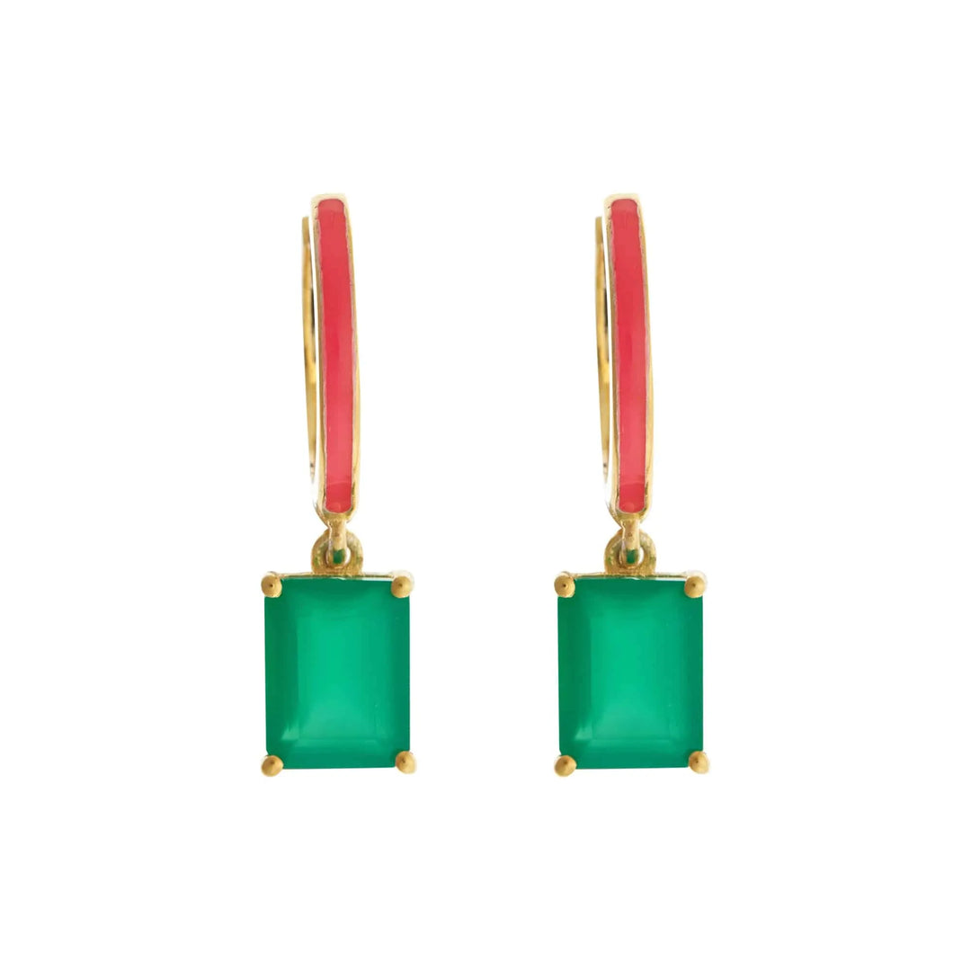 Pink Enamel Green Agate Hoops - Eye M Neon Rocks - Ileana Makri store