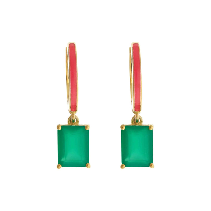 Pink Enamel Green Agate Hoops - Eye M Neon Rocks - Ileana Makri