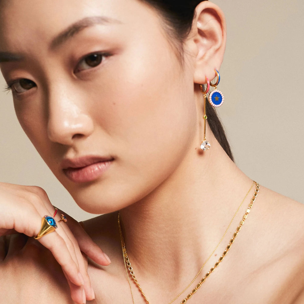 Pink Enamel White Topaz Long Hoops - Eye M Neon Rocks - Ileana Makri