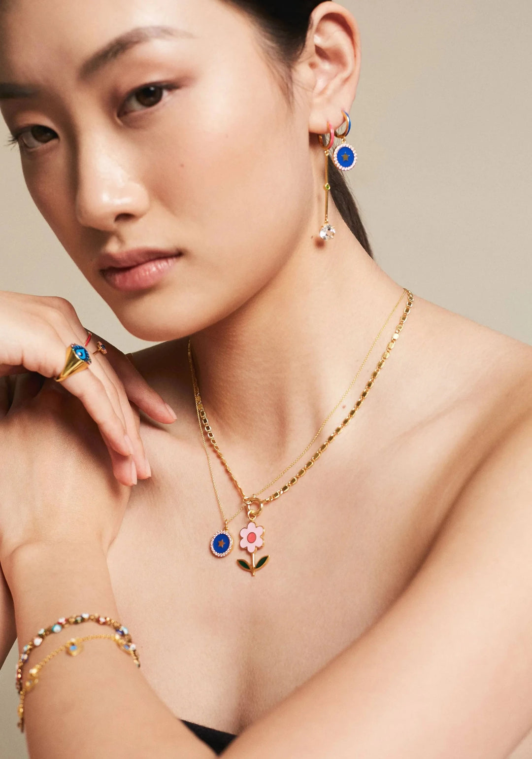 Pink Enamel White Topaz Long Hoops - Eye M Neon Rocks - Ileana Makri