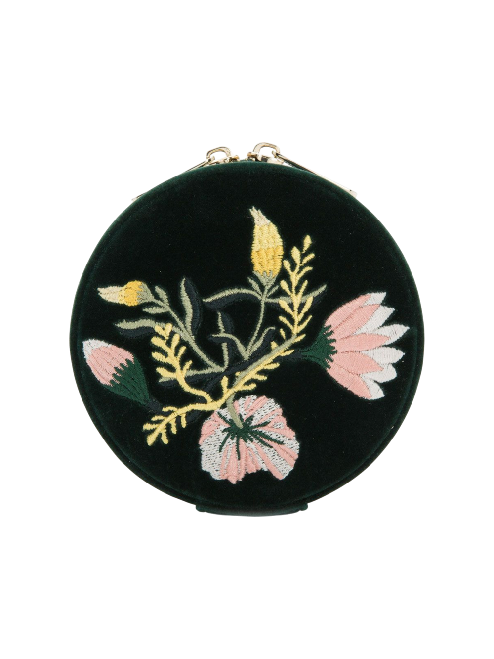 Ileana Makri Zoe round travel jewelry case in forest green velvet with elegant floral embroidery and gold zip detail.
