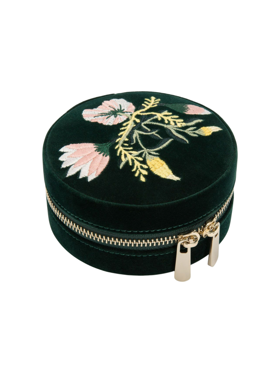Ileana Makri Zoe travel round jewelry case in forest green velvet with elegant floral embroidery and gold zipper.