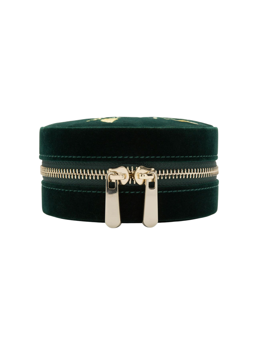 Ileana Makri Zoe forest green velvet travel jewelry case with gold zipper and floral embroidery