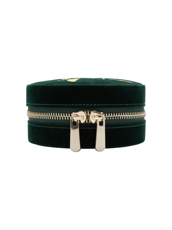 Ileana Makri Zoe forest green velvet travel jewelry case with gold zipper and floral embroidery