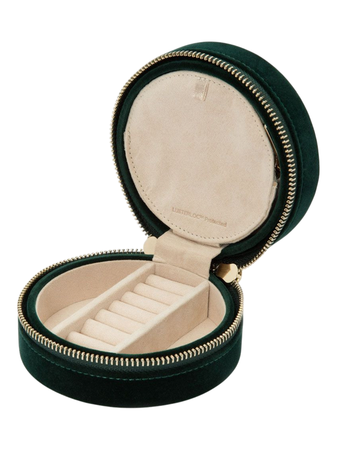 Ileana Makri Zoe round travel jewelry case in forest green velvet with LusterLoc interior and mirror.
