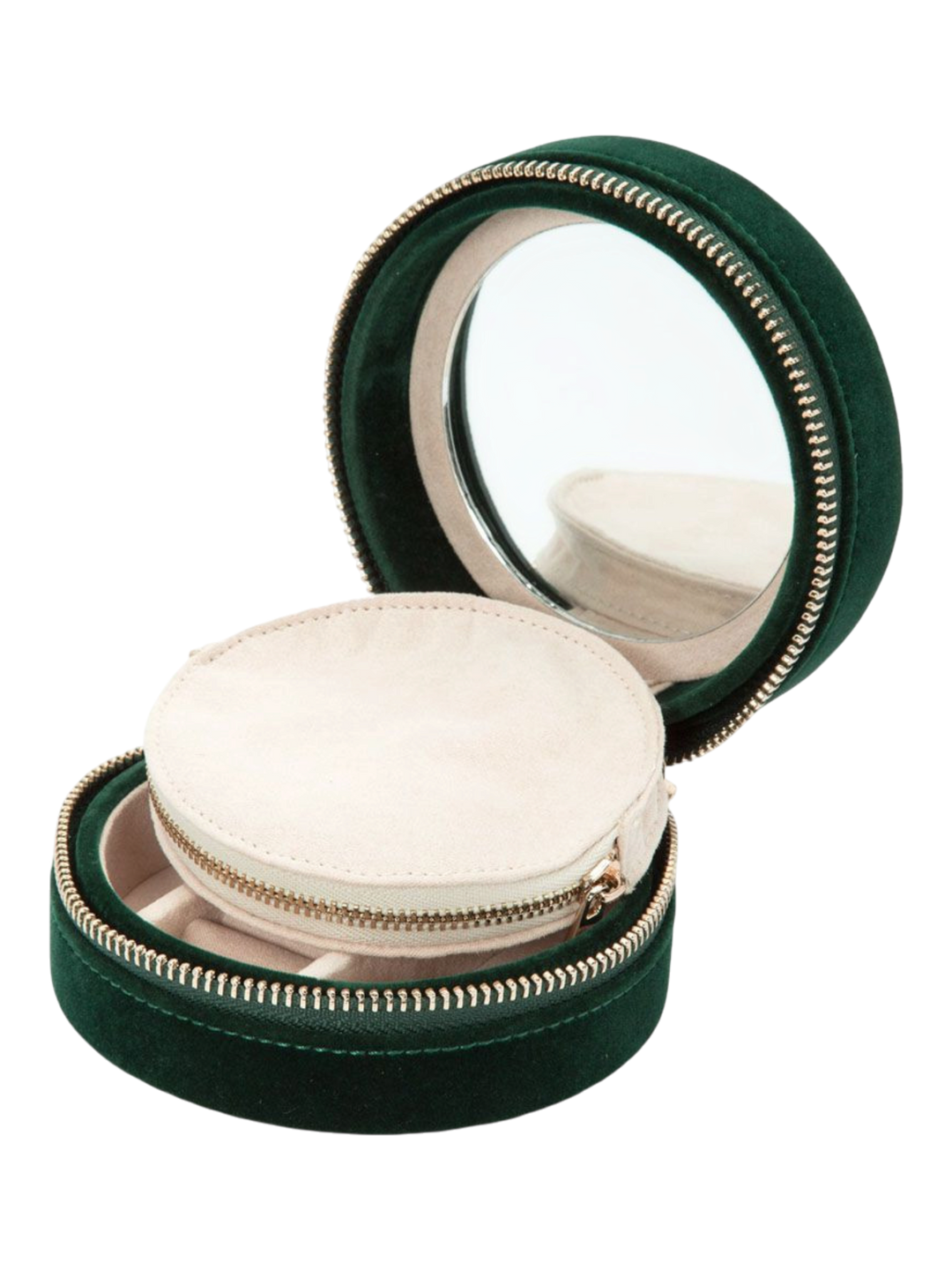 Ileana Makri Zoe travel round jewelry case in forest green velvet with interior mirror and cream zip pouch