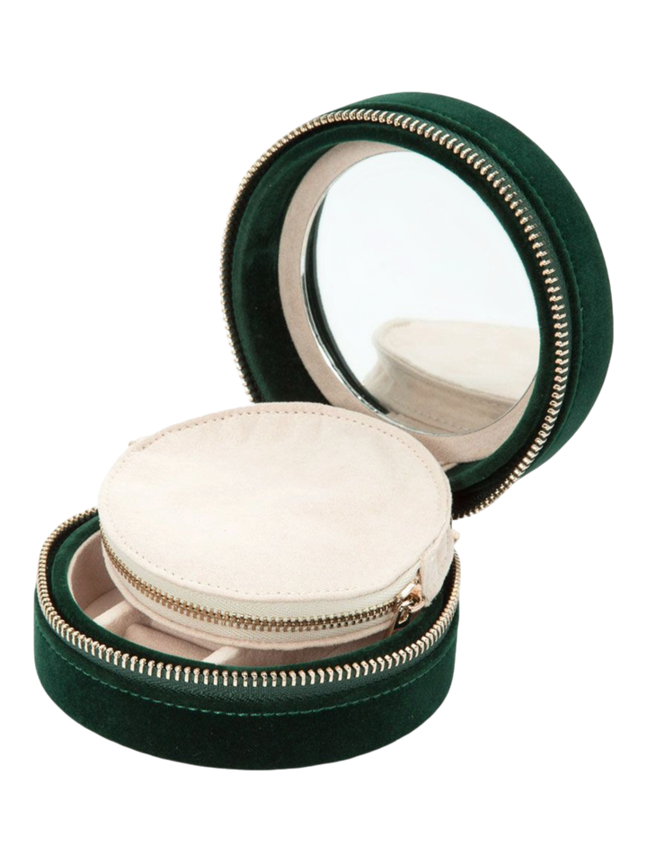 Ileana Makri Zoe travel round jewelry case in forest green velvet with interior mirror and cream zip pouch