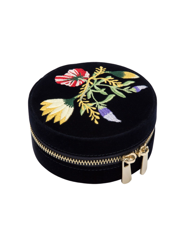 Ileana Makri Zoe indigo velvet travel jewelry case featuring elegant floral embroidery and gold zip closure.