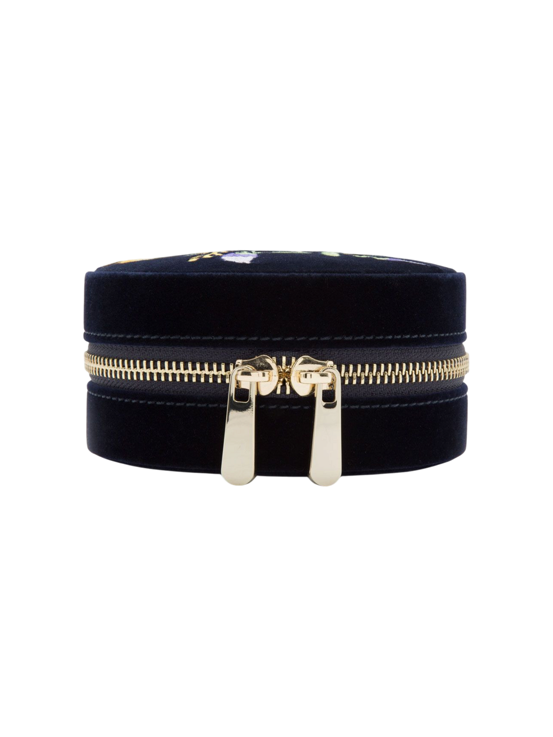 Ileana Makri Zoe travel round jewelry case in indigo velvet with gold zipper and floral embroidery detail.
