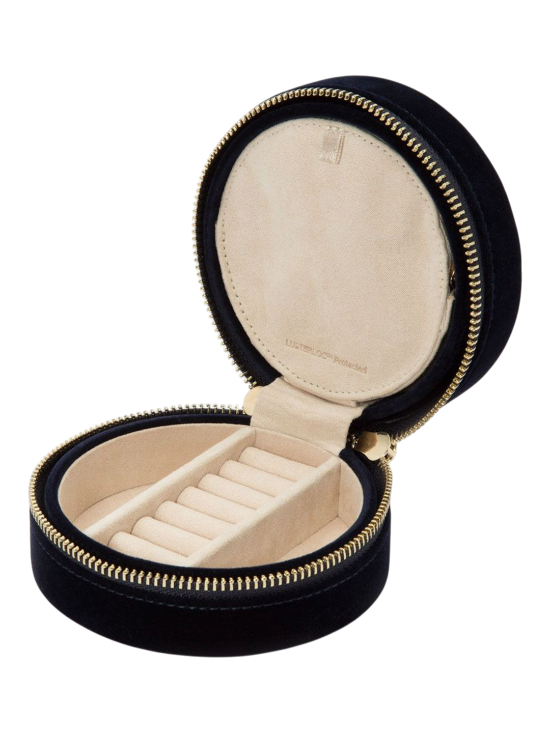 Ileana Makri Zoe Travel Round jewelry case in indigo velvet with LusterLoc interior, mirror, and ring storage.