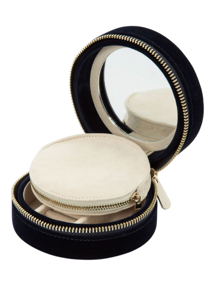 Ileana Makri Zoe Travel Round jewelry case in indigo velvet with internal mirror, zip pouch, and cream lining.