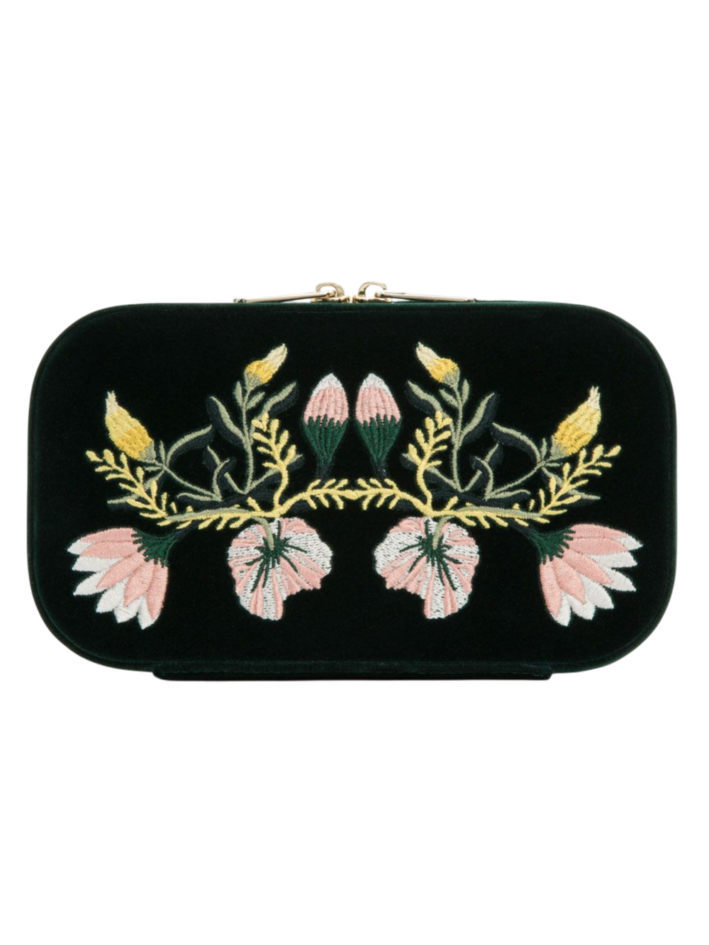 Ileana Makri forest green velvet travel jewelry zip case featuring intricate floral embroidery and gold hardware