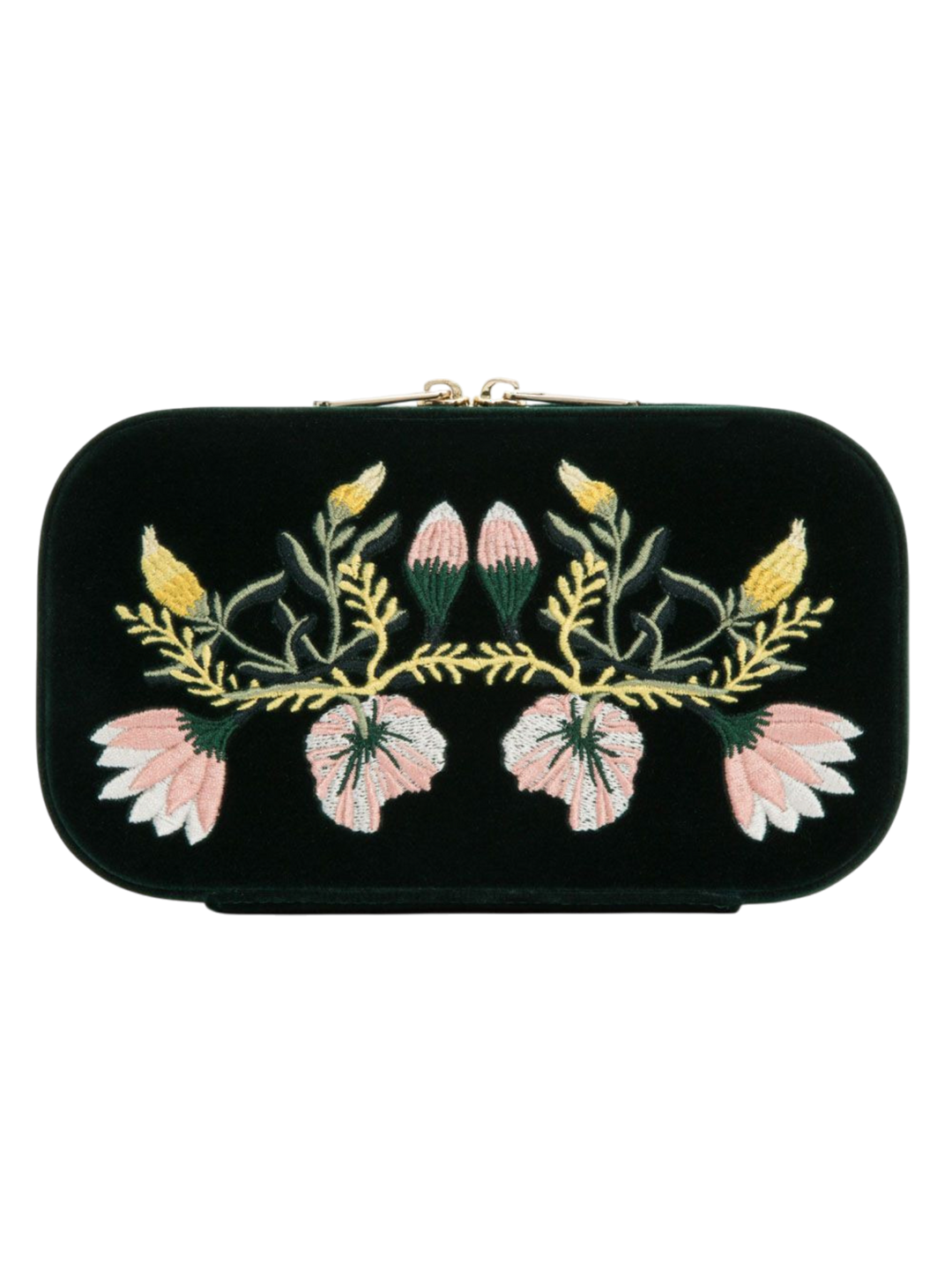 Ileana Makri forest green velvet travel jewelry zip case featuring intricate floral embroidery and gold hardware