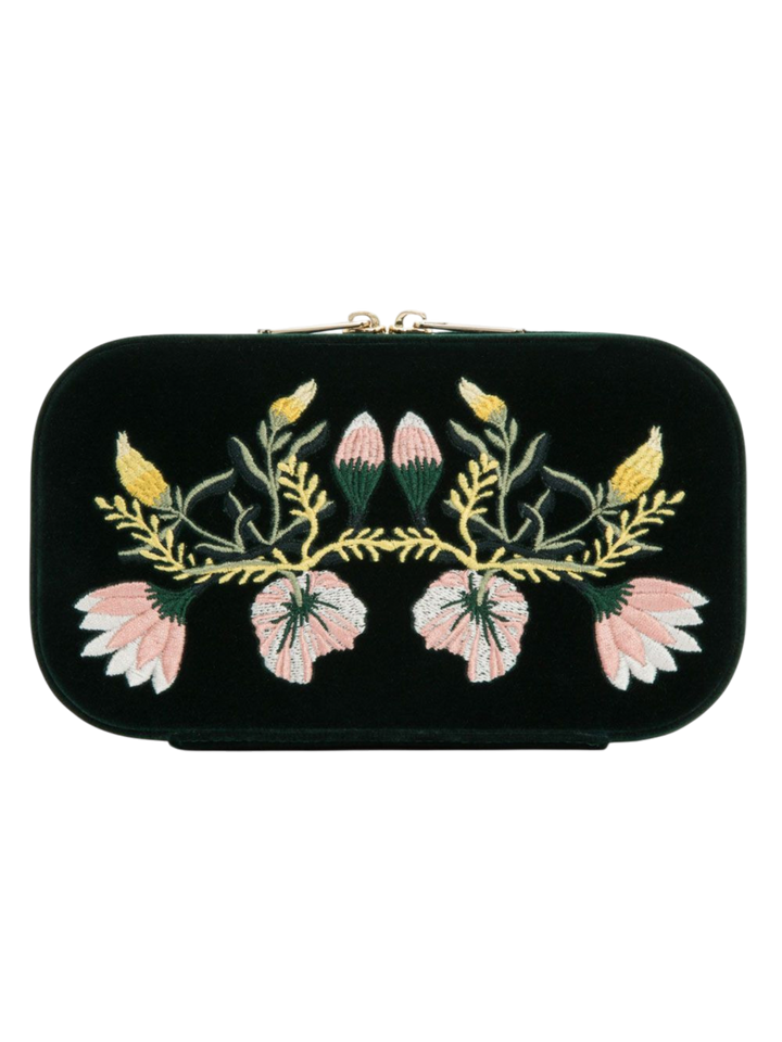 Ileana Makri forest green velvet travel jewelry zip case featuring intricate floral embroidery and gold hardware