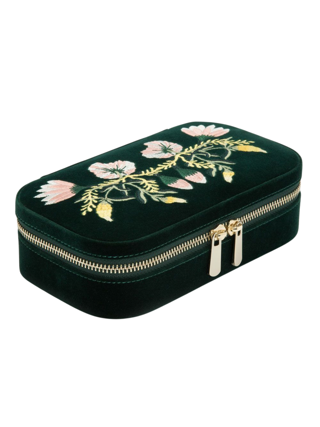 Ileana Makri Zoe travel zip case in forest green velvet with floral embroidery and gold zipper closure